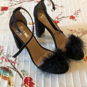 Black feather open toe heels